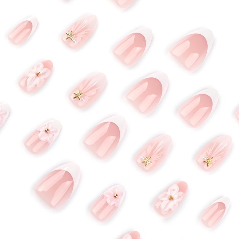 ASABITE 24Pcs Pink Flower Press on Nails Medium Almond Fake Nails with Glue White French Tip False Nails with 3D floral Starfish Pearl Design Cute Almond Nails Press ons Reusable Stick on Nail for Women - Image 2